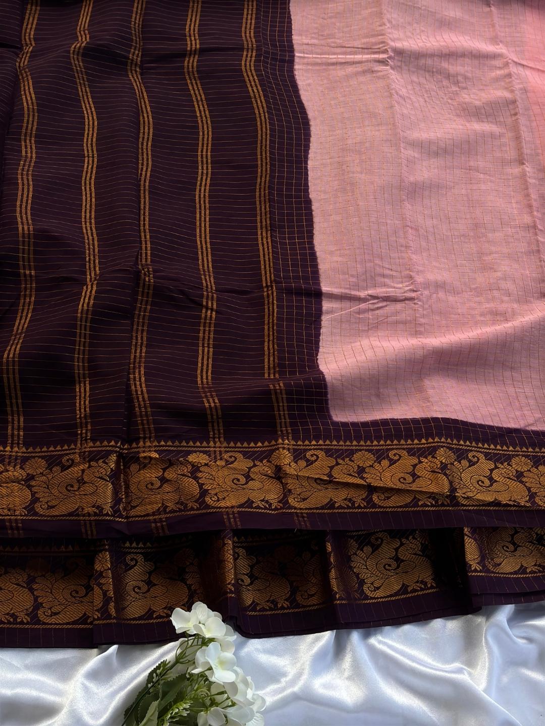 Anvika | Madurai Sungudi Cotton Saree | Blush Pink & Deep Plum | Double Side Gold Zari Border | OV30