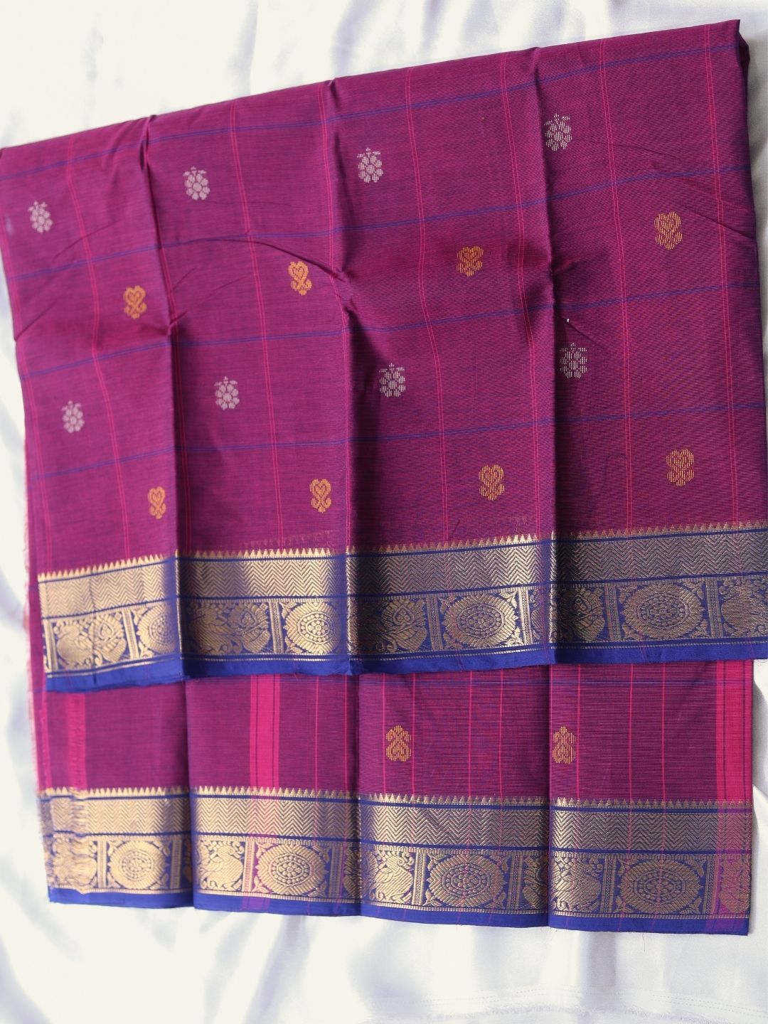 Premium Kanchi Cotton Saree in Magenta & Royal Blue with Zari Border | Traditional South Indian Saree | OV27