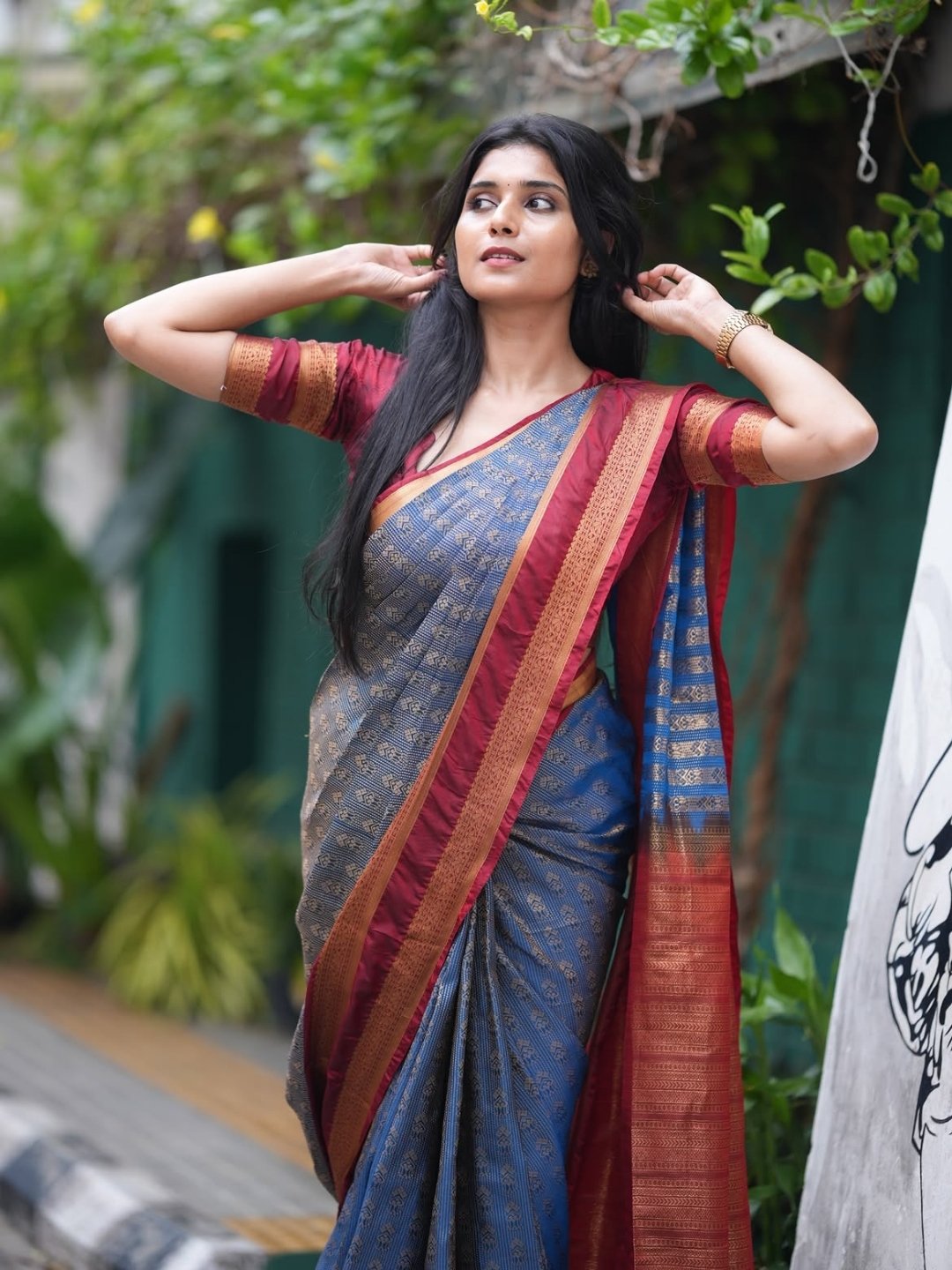 Semi Silk Saree for Women – Steel Blue with Maroon Contrast Zari Border | Rich Zari Weaving | OV02