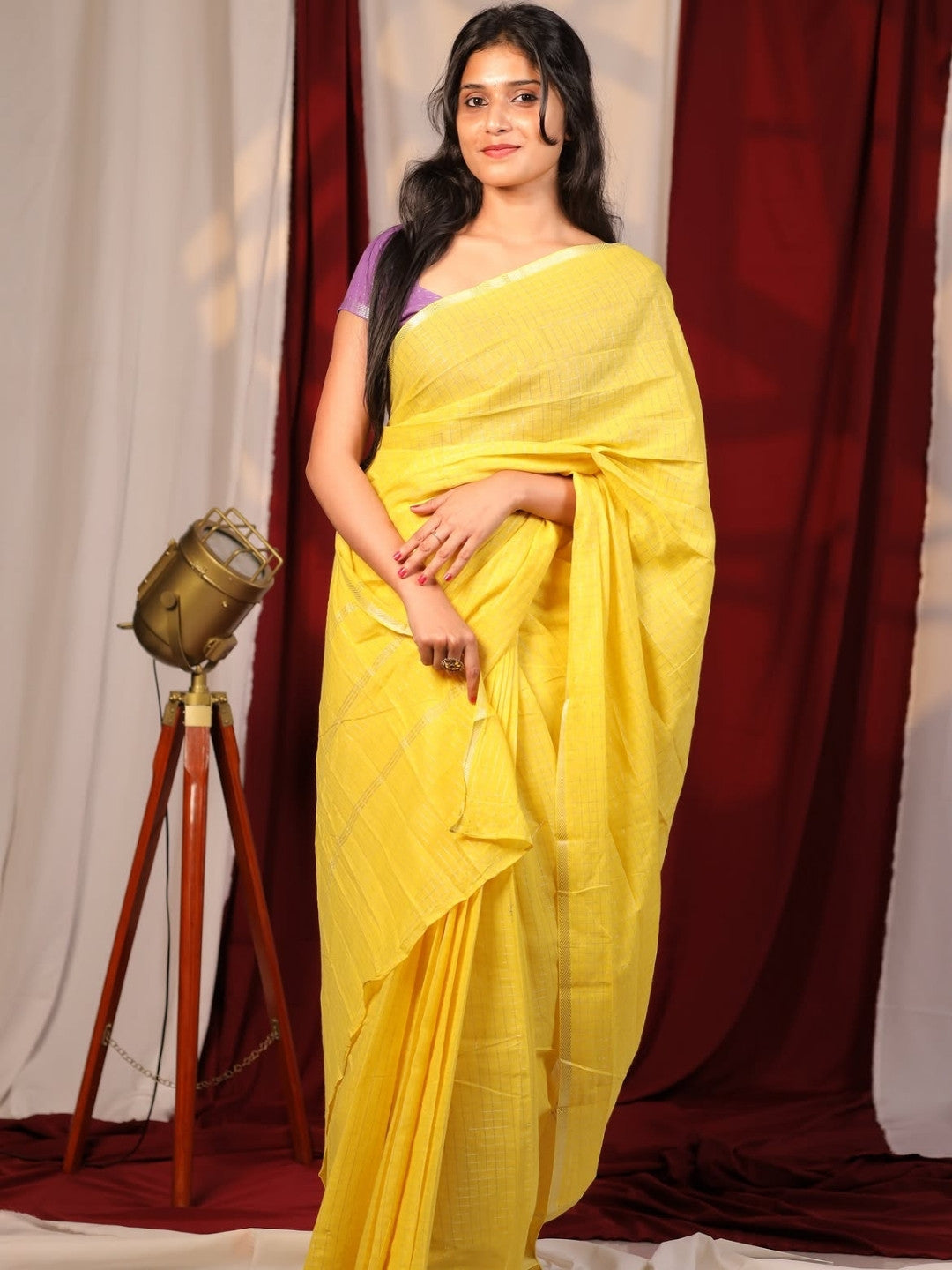 Madurai Sungudi Cotton Saree – Bright Yellow with Silver Zari Checks | OV10