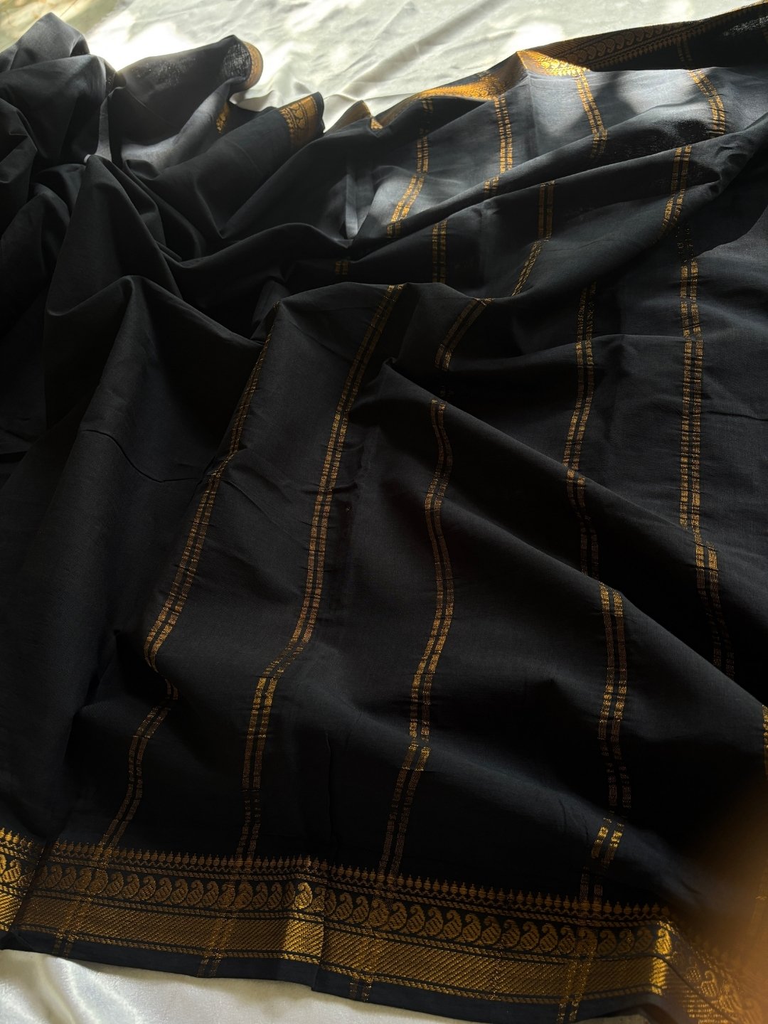 Black Madurai Sungudi Cotton Saree with Double Side Gold Zari Border & Cement Grey Blouse|OV23