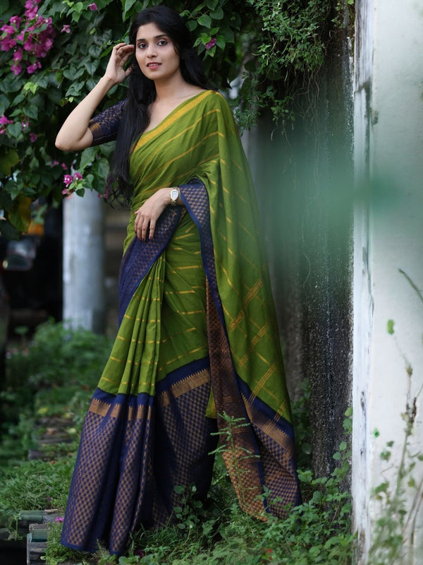 Madurai Sungudi Cotton Saree – Olive Green with Navy Blue | Double Side Gold Zari Border | OV20