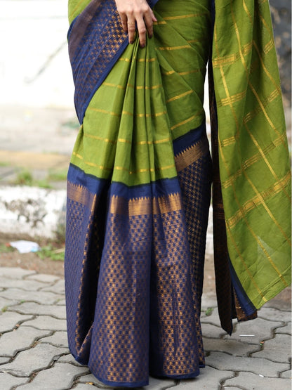 Madurai Sungudi Cotton Saree – Olive Green with Navy Blue | Double Side Gold Zari Border | OV20