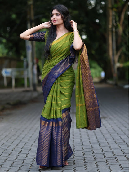 Madurai Sungudi Cotton Saree – Olive Green with Navy Blue | Double Side Gold Zari Border | OV20