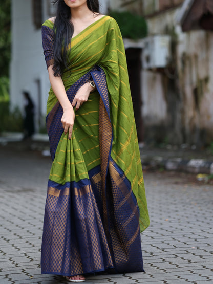 Madurai Sungudi Cotton Saree – Olive Green with Navy Blue | Double Side Gold Zari Border | OV20