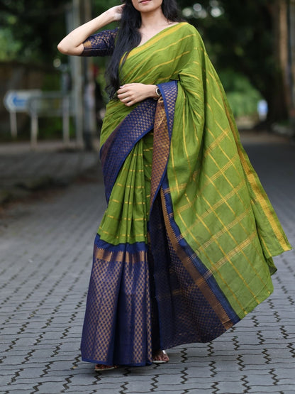 Madurai Sungudi Cotton Saree – Olive Green with Navy Blue | Double Side Gold Zari Border | OV20