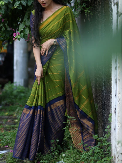 Madurai Sungudi Cotton Saree – Olive Green with Navy Blue | Double Side Gold Zari Border | OV20