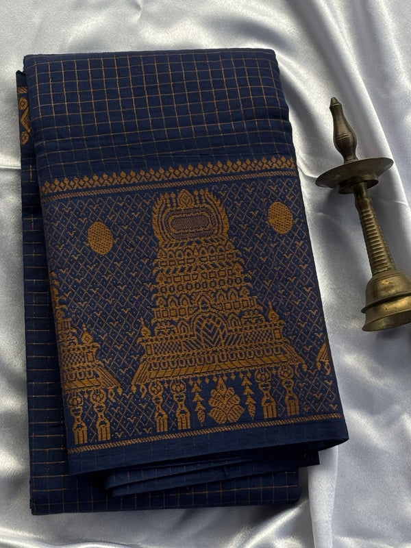 Temple Mayuri Gopuram Self Cotton Saree – Navy Blue | Madurai Sungudi Cotton | OV18
