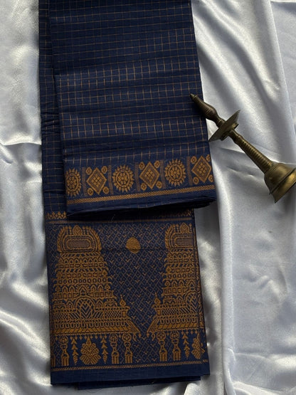 Temple Mayuri Gopuram Self Cotton Saree – Navy Blue | Madurai Sungudi Cotton | OV18