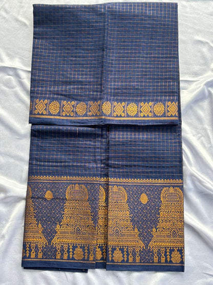 Temple Mayuri Gopuram Self Cotton Saree – Navy Blue | Madurai Sungudi Cotton | OV18