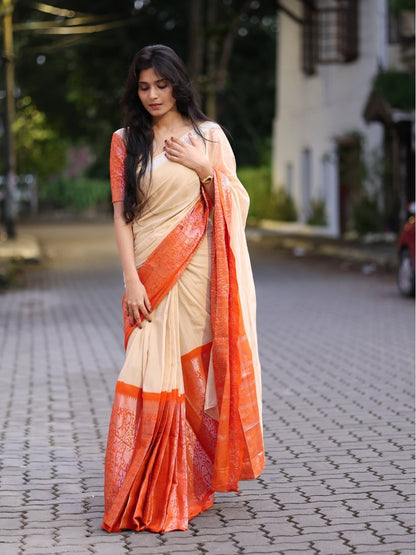 Madurai Sungudi Cotton Saree – Ivory with Orange Double Side Silver Zari Border | OV21