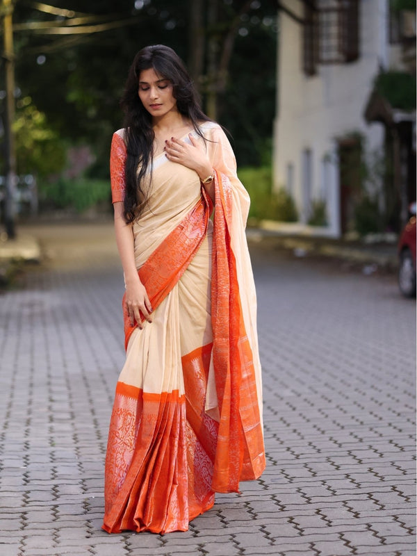 Madurai Sungudi Cotton Saree – Ivory with Orange Double Side Silver Zari Border | OV21