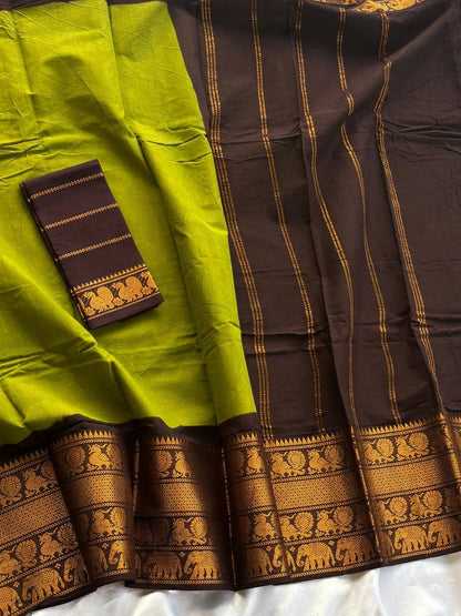 Madurai Sungudi Cotton Saree – Parrot Green & Coffee Brown | Double Side Big Gold Zari Border | OV25