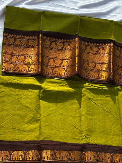 Madurai Sungudi Cotton Saree – Parrot Green & Coffee Brown | Double Side Big Gold Zari Border | OV25