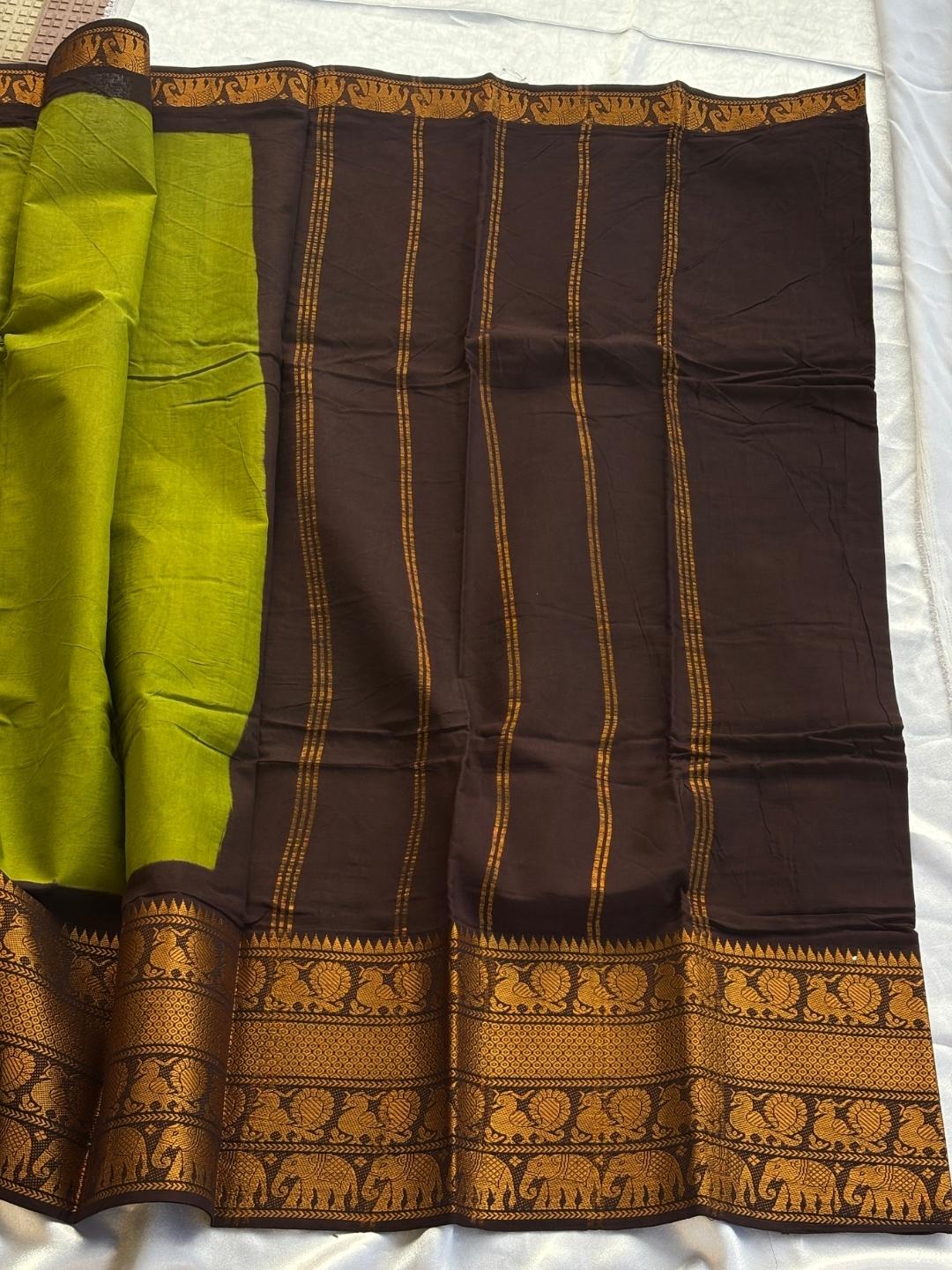 Madurai Sungudi Cotton Saree – Parrot Green & Coffee Brown | Double Side Big Gold Zari Border | OV25