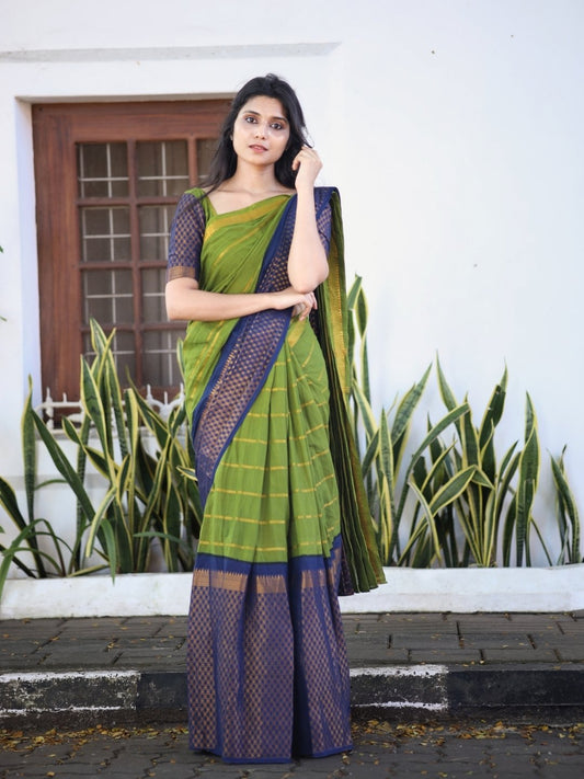 Madurai Sungudi Cotton Saree – Olive Green with Navy Blue | Double Side Gold Zari Border | OV20