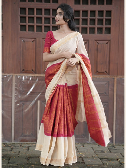 Madurai Sungudi Cotton Saree – Ivory & Red with Gold Zari Border -OV17