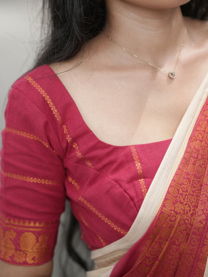 Madurai Sungudi Cotton Saree – Ivory & Red with Gold Zari Border -OV17
