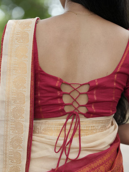 Madurai Sungudi Cotton Saree – Ivory & Red with Gold Zari Border -OV17