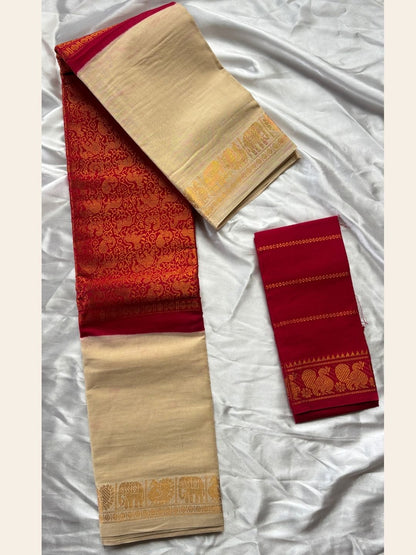 Madurai Sungudi Cotton Saree – Ivory & Red with Gold Zari Border -OV17