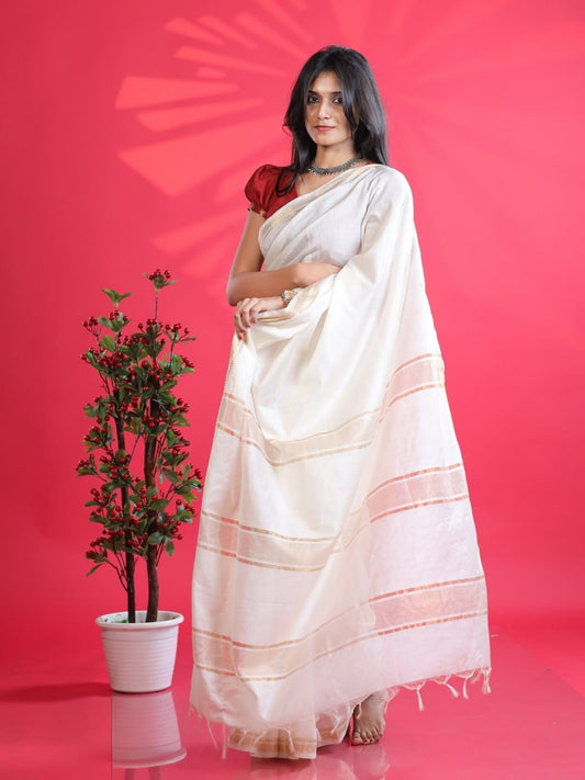 Handloom Mangalagiri Silk Cotton Saree – Off White with Gold Zari Border | OV14