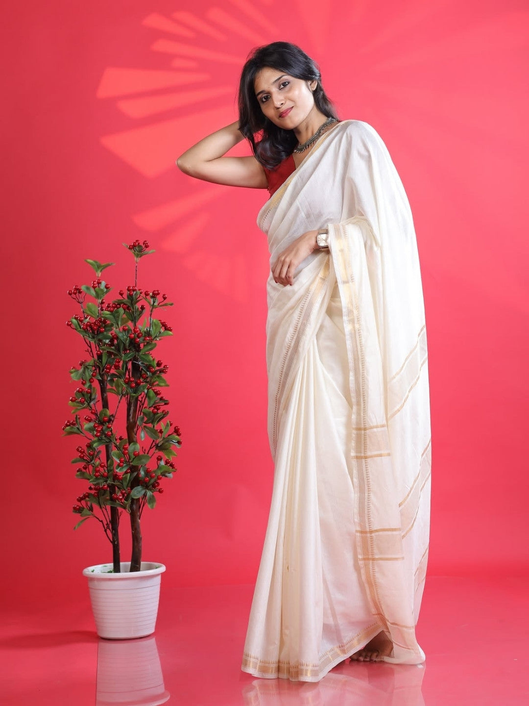 Handloom Mangalagiri Silk Cotton Saree – Off White with Gold Zari Border | OV14