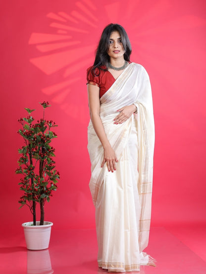 Handloom Mangalagiri Silk Cotton Saree – Off White with Gold Zari Border | OV14