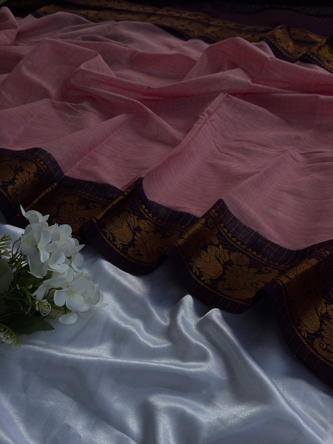 Anvika | Madurai Sungudi Cotton Saree | Blush Pink & Deep Plum | Double Side Gold Zari Border | OV30
