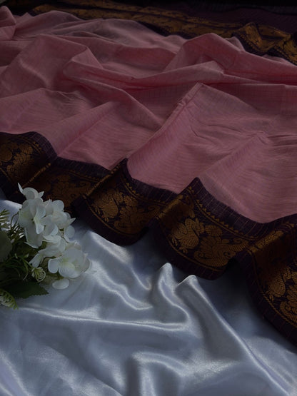 Anvika | Madurai Sungudi Cotton Saree | Blush Pink & Deep Plum | Double Side Gold Zari Border | OV30