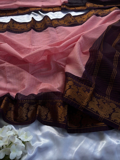 Anvika | Madurai Sungudi Cotton Saree | Blush Pink & Deep Plum | Double Side Gold Zari Border | OV30