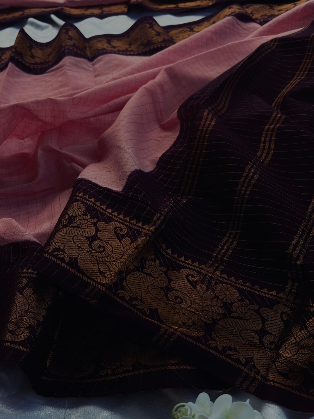 Anvika | Madurai Sungudi Cotton Saree | Blush Pink & Deep Plum | Double Side Gold Zari Border | OV30
