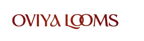 A dark green textured background with the words 'OVIYA LOOMS' printed in a stylized red serif font across the center.