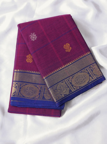 Premium Kanchi Cotton Saree in Magenta & Royal Blue with Zari Border | Traditional South Indian Saree | OV27