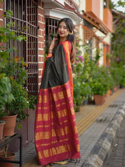 Kalyani Cotton Saree – Black with Red & Gold Zari Border | Checked Cotton Saree for Women | OV09