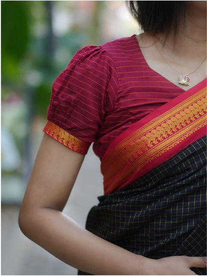 Kalyani Cotton Saree – Black with Red & Gold Zari Border | Checked Cotton Saree for Women | OV09