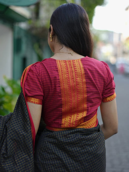 Kalyani Cotton Saree – Black with Red & Gold Zari Border | Checked Cotton Saree for Women | OV09