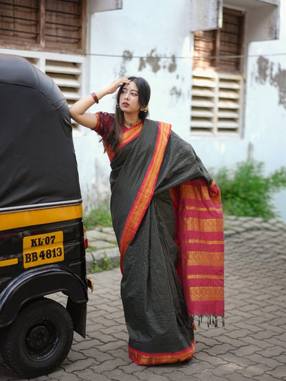 Kalyani Cotton Saree – Black with Red & Gold Zari Border | Checked Cotton Saree for Women | OV09