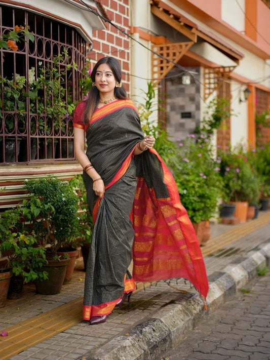 Kalyani Cotton Saree – Black with Red & Gold Zari Border | Checked Cotton Saree for Women | OV09