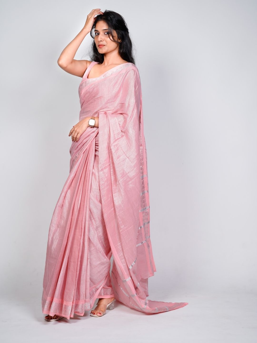 Baby Pink Madurai Sungudi Silver Tissue Saree - OV5