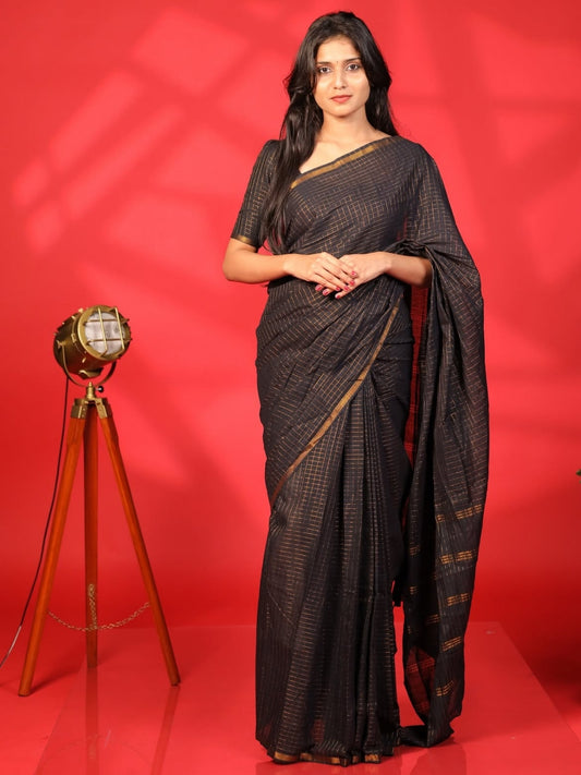 Premium Madurai Sungudi Handloom Cotton Saree for Women – Black with Gold Checks | OV08 |