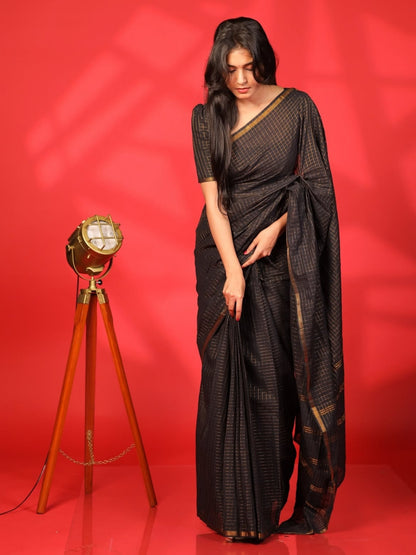 Premium Madurai Sungudi Handloom Cotton Saree for Women – Black with Gold Checks | OV08 |