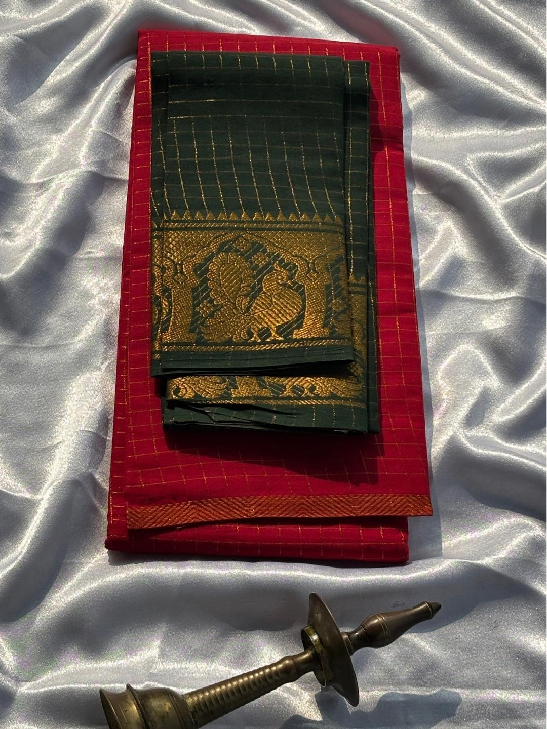 Madurai Sungudi Cotton Saree in Red & Dark Green with Double Side Gold Zari Border | OV32