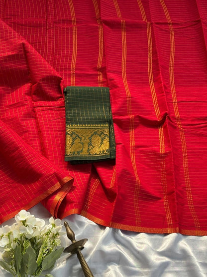 Madurai Sungudi Cotton Saree in Red & Dark Green with Double Side Gold Zari Border | OV32