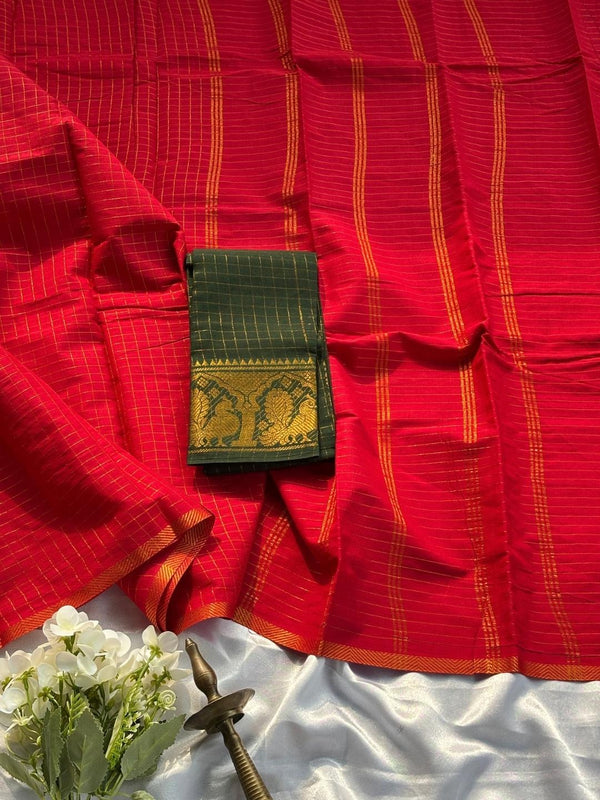 Madurai Sungudi Cotton Saree in Red & Dark Green with Double Side Gold Zari Border | OV32