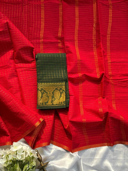 Madurai Sungudi Cotton Saree in Red & Dark Green with Double Side Gold Zari Border | OV32