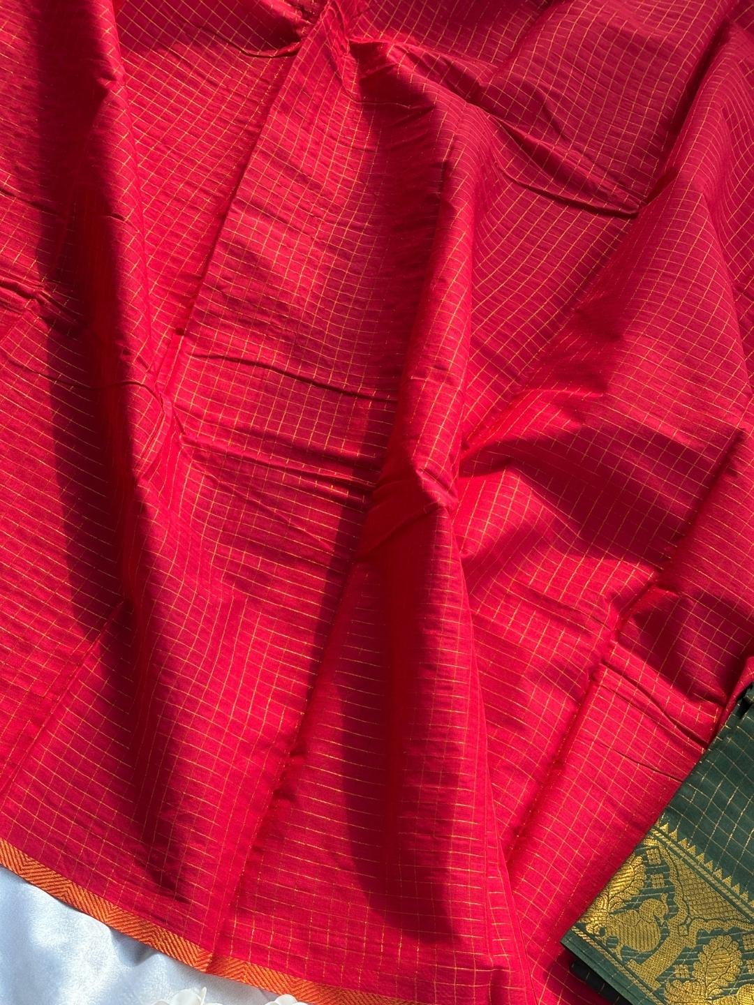 Madurai Sungudi Cotton Saree in Red & Dark Green with Double Side Gold Zari Border | OV32