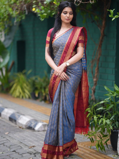 Semi Silk Saree for Women – Steel Blue with Maroon Contrast Zari Border | Rich Zari Weaving | OV02