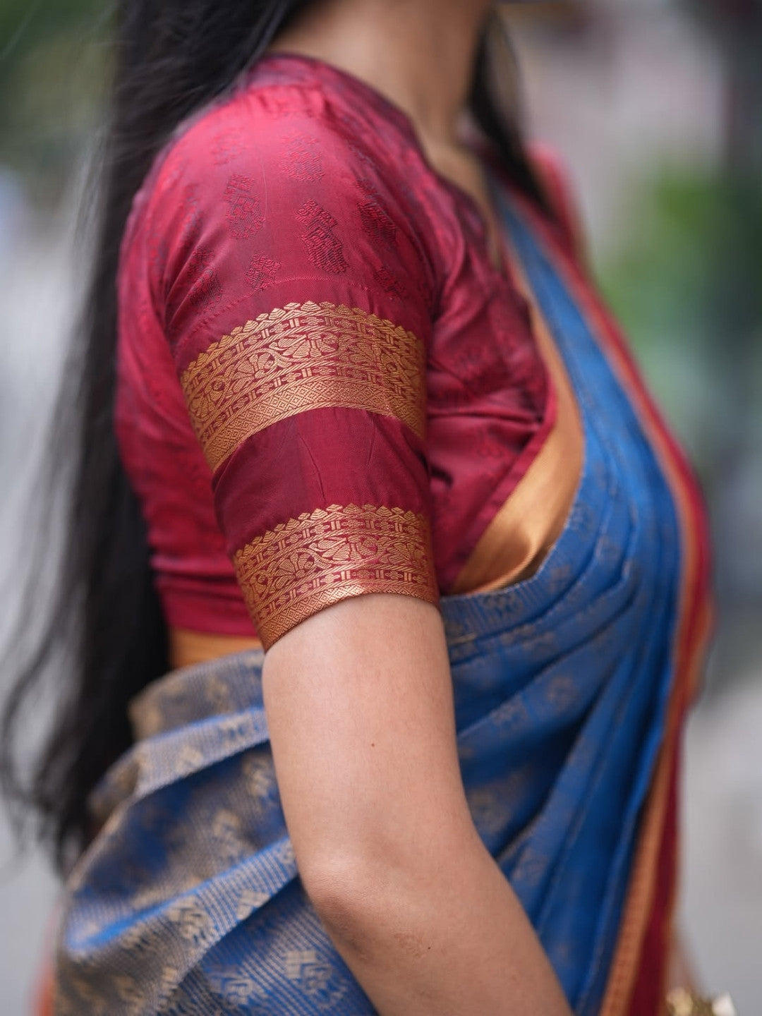Semi Silk Saree for Women – Steel Blue with Maroon Contrast Zari Border | Rich Zari Weaving | OV02