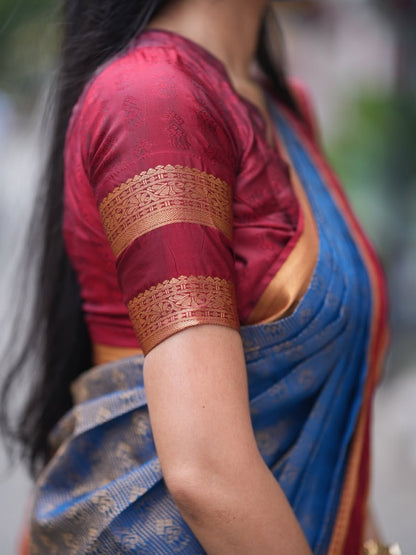 Semi Silk Saree for Women – Steel Blue with Maroon Contrast Zari Border | Rich Zari Weaving | OV02