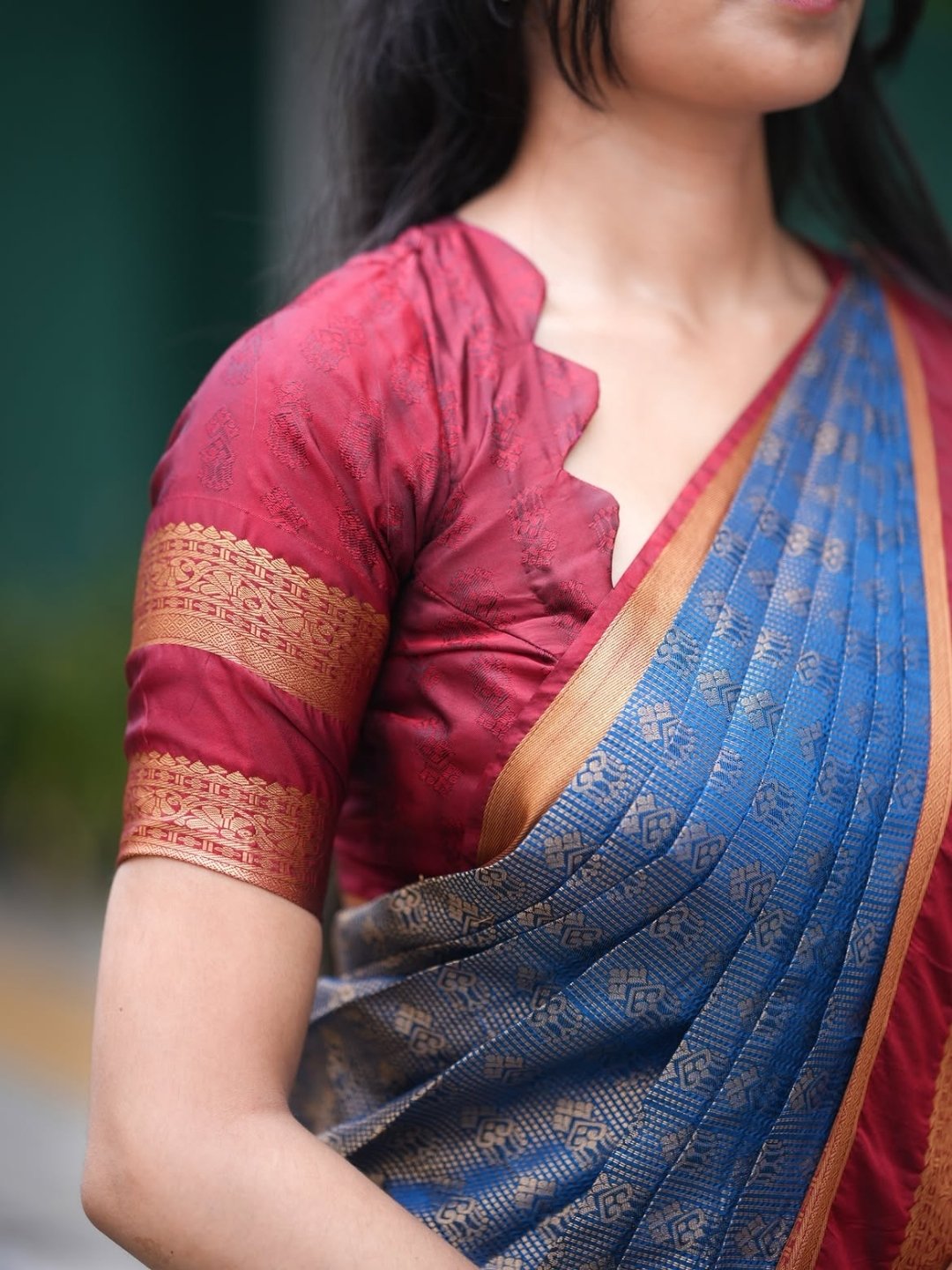 Semi Silk Saree for Women – Steel Blue with Maroon Contrast Zari Border | Rich Zari Weaving | OV02